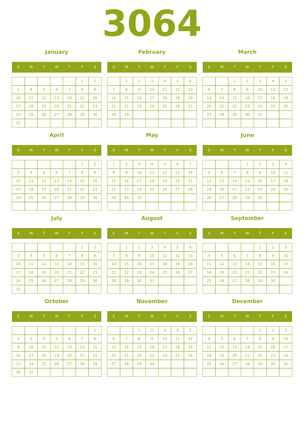 Printable 3064 Year Calendars chartreuse