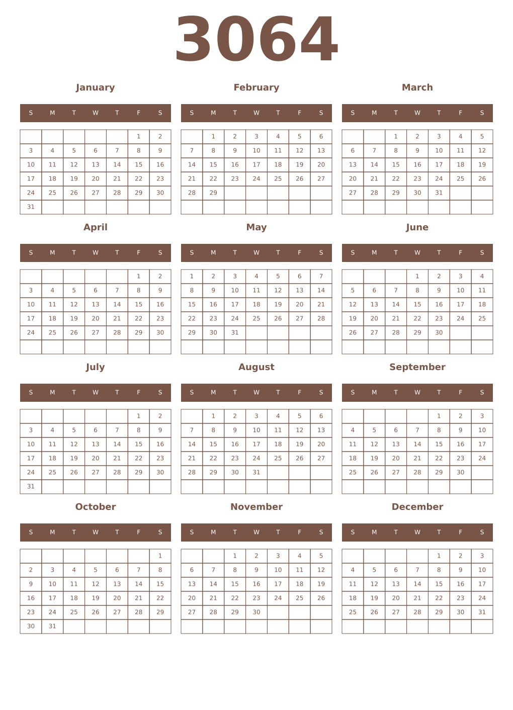 Printable 3064 Year Calendars coffe