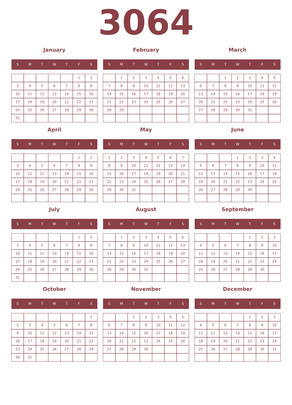 Printable 3064 Year Calendars cordovan