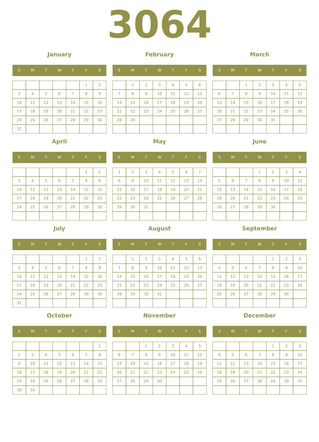 Printable 3064 Year Calendars eburnean