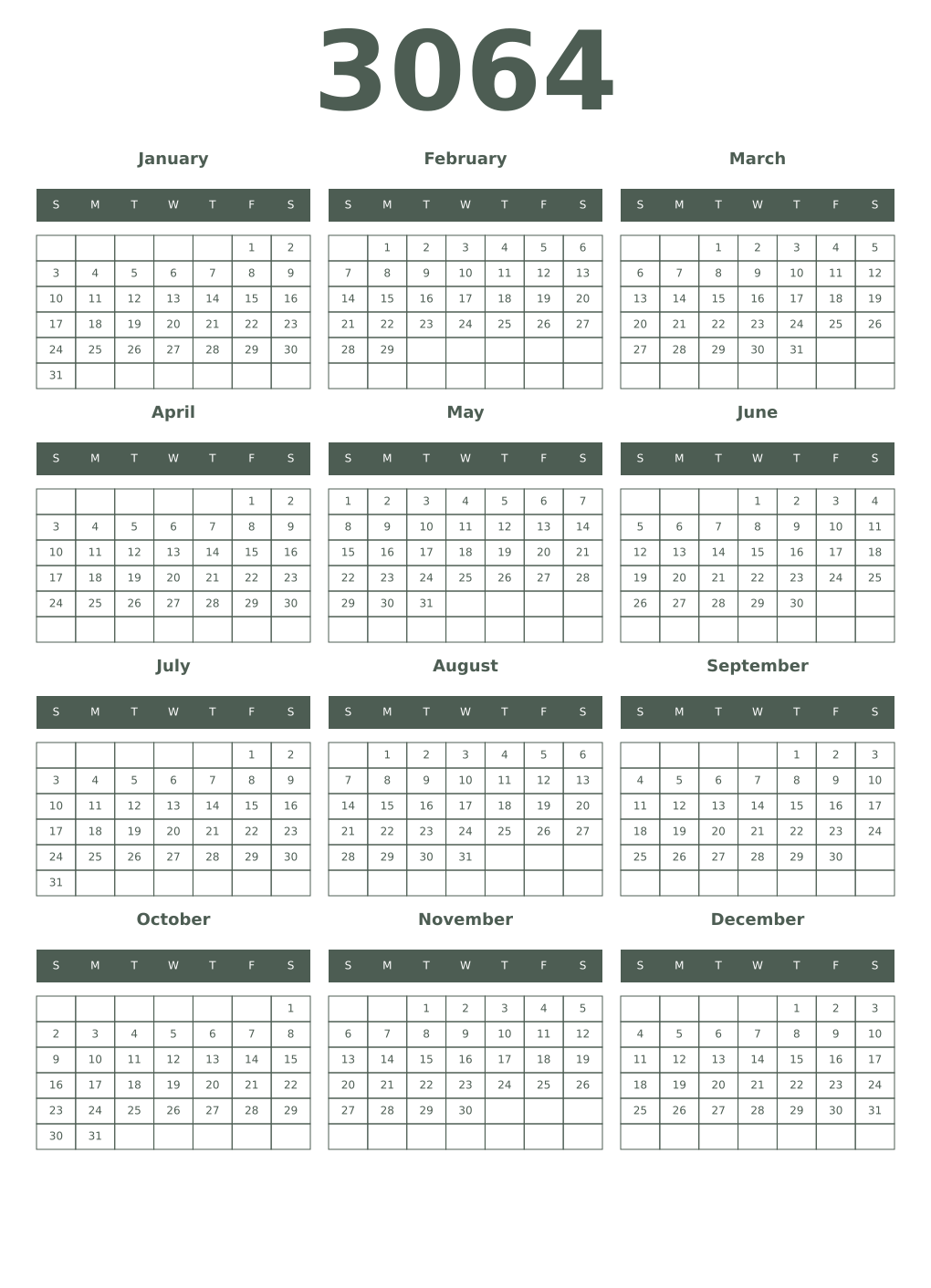 Printable 3064 Year Calendars feldgrau