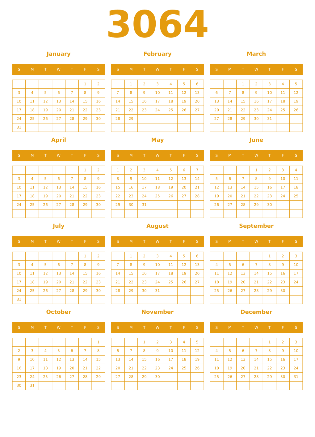 Printable 3064 Year Calendars gamboge