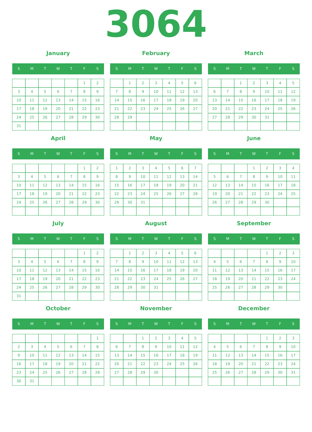 Printable 3064 Year Calendars green