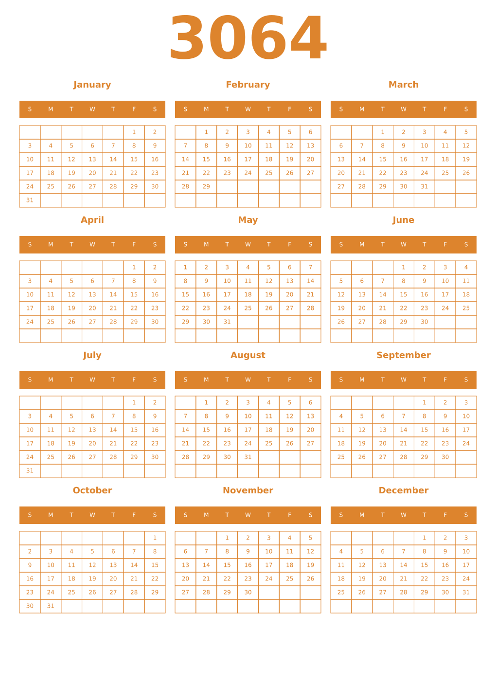 Printable 3064 Year Calendars orange