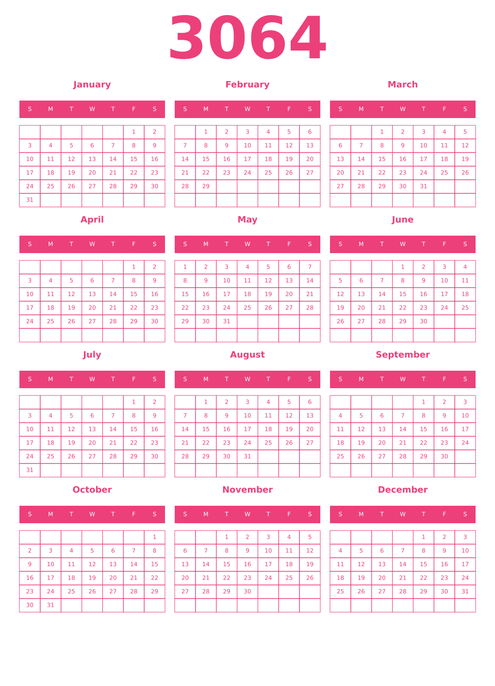 Printable 3064 Year Calendars pink