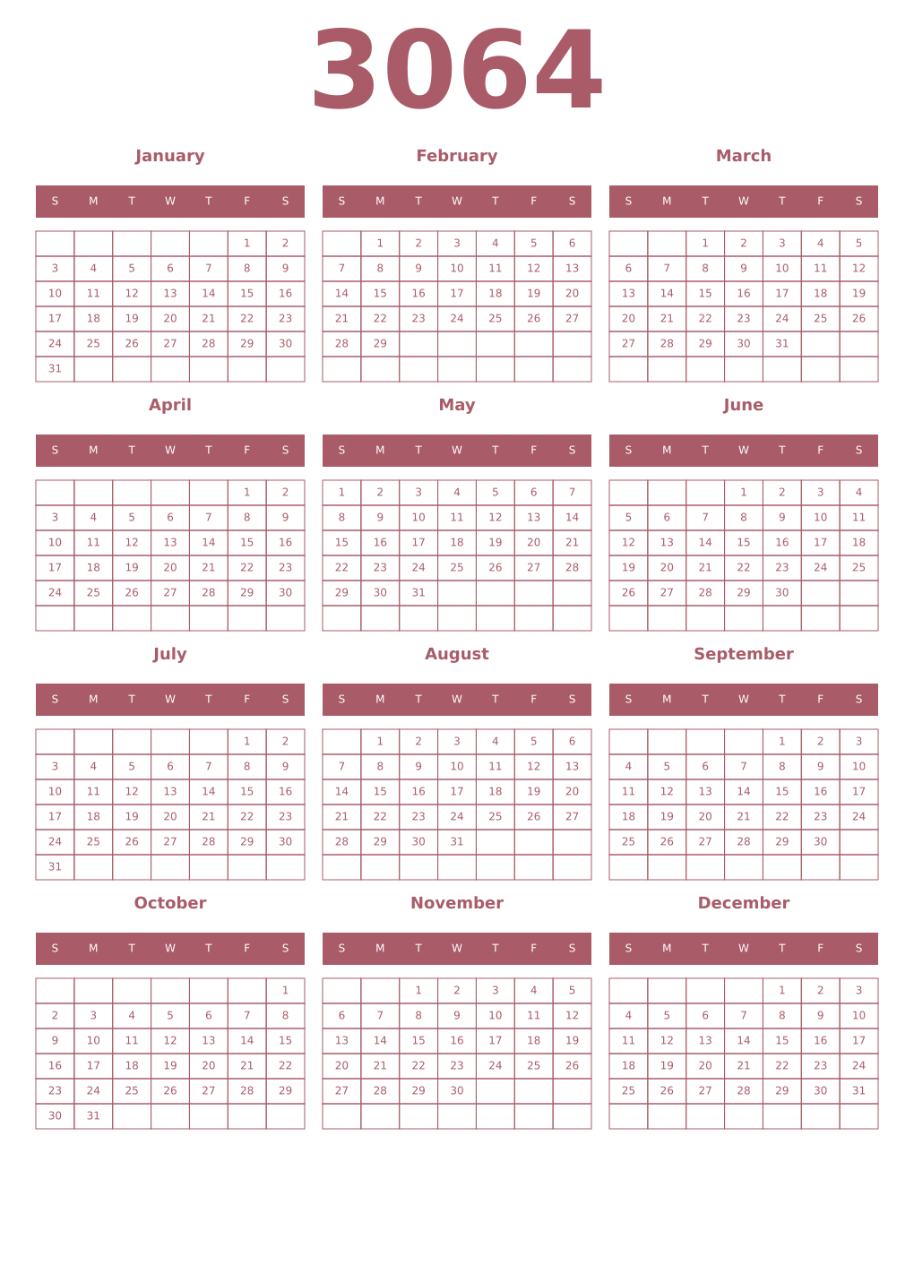 Printable 3064 Year Calendars puce