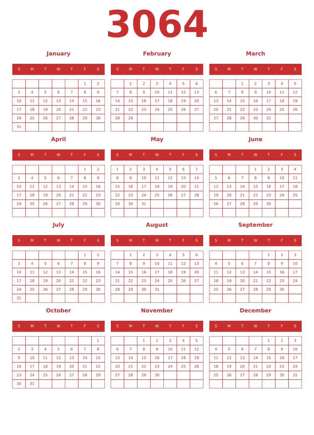 Printable 3064 Year Calendars red