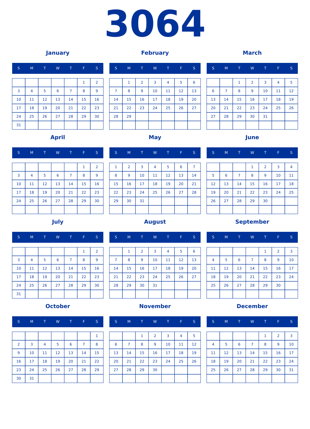 Printable 3064 Year Calendars smalt