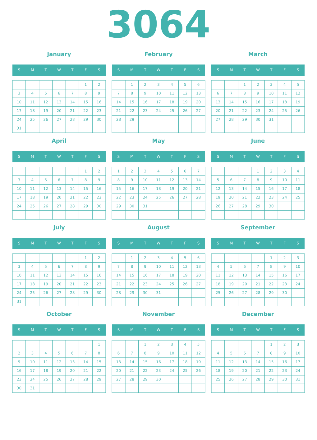 Printable 3064 Year Calendars verdigris