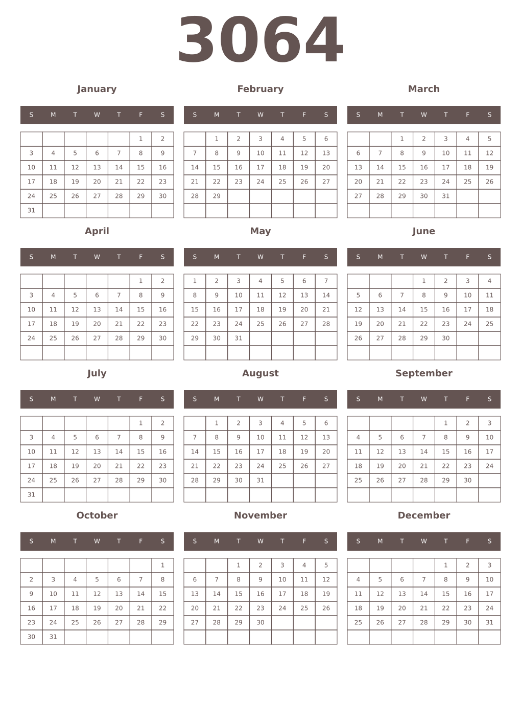 Printable 3064 Year Calendars wenge