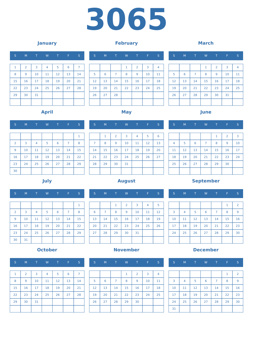 Printable 3065 Year Calendars blue