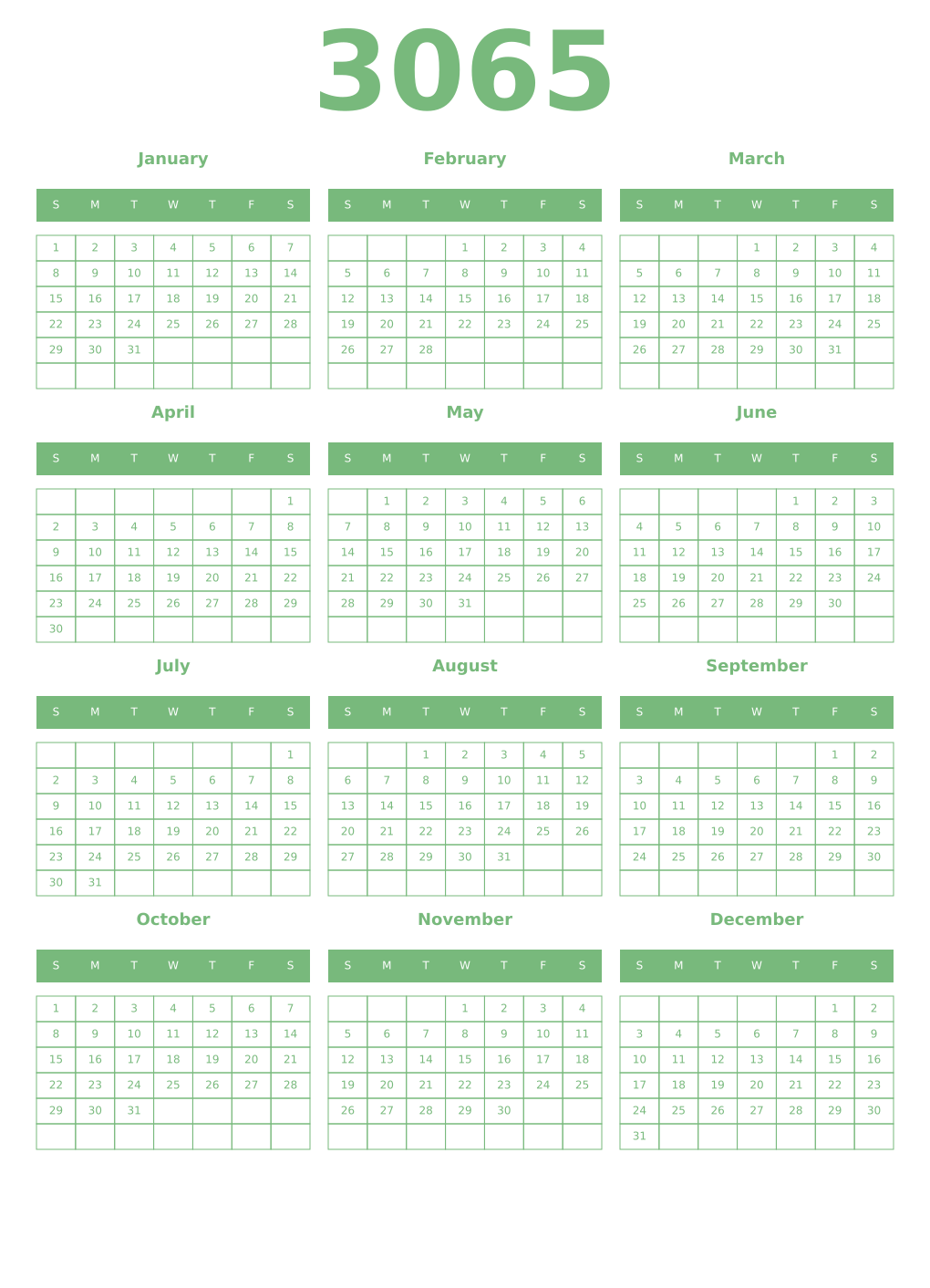 Printable 3065 Year Calendars celadon