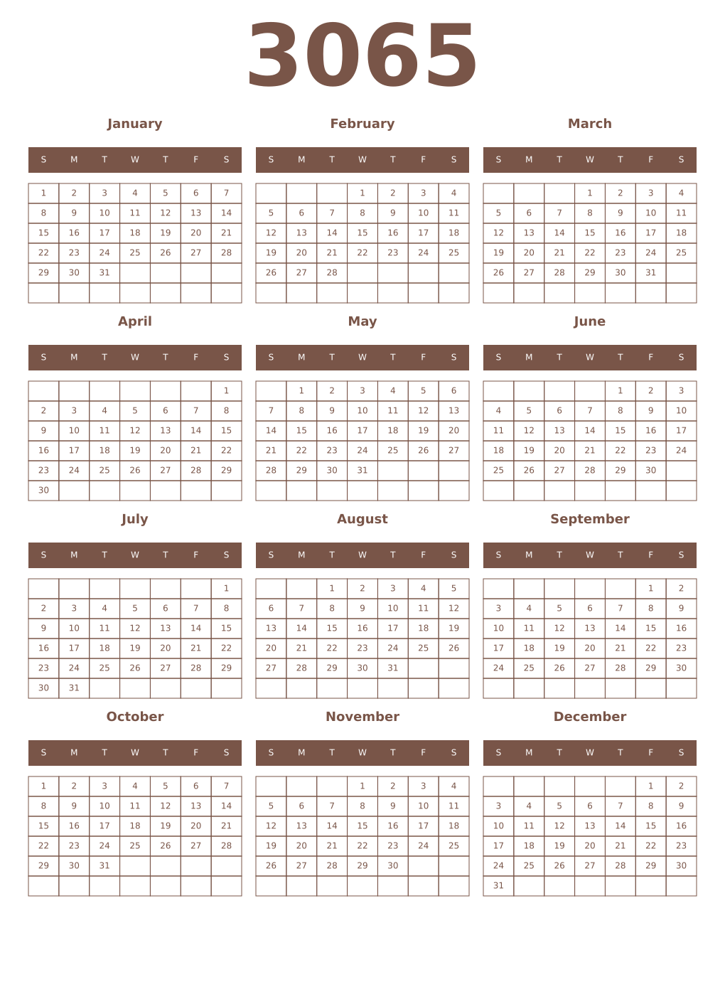 Printable 3065 Year Calendars coffe