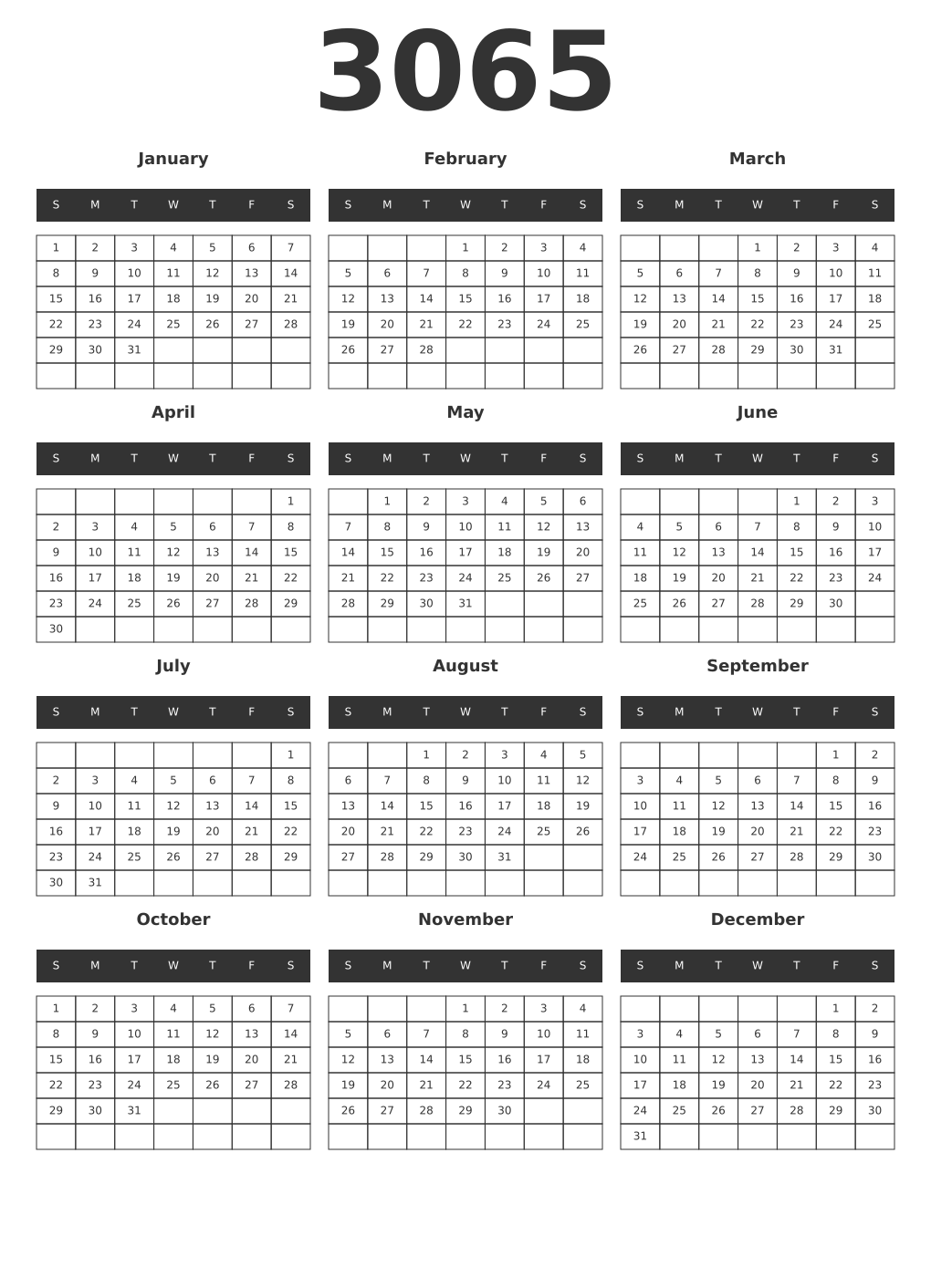 Printable 3065 Year Calendars dark
