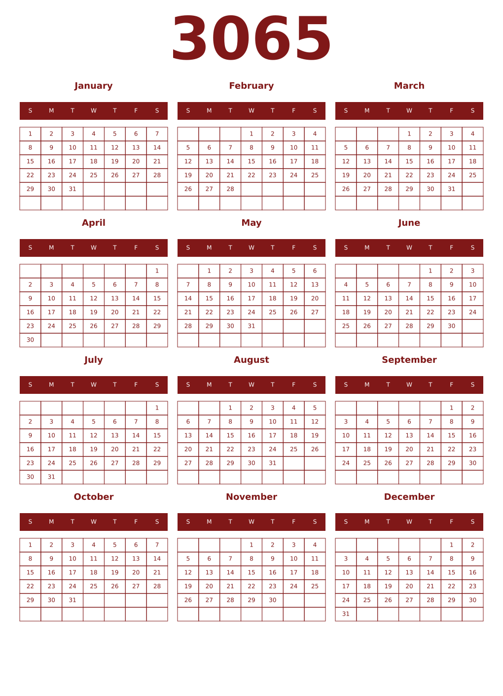 Printable 3065 Year Calendars falu