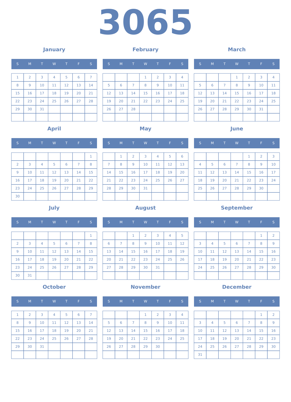 Printable 3065 Year Calendars glaucous