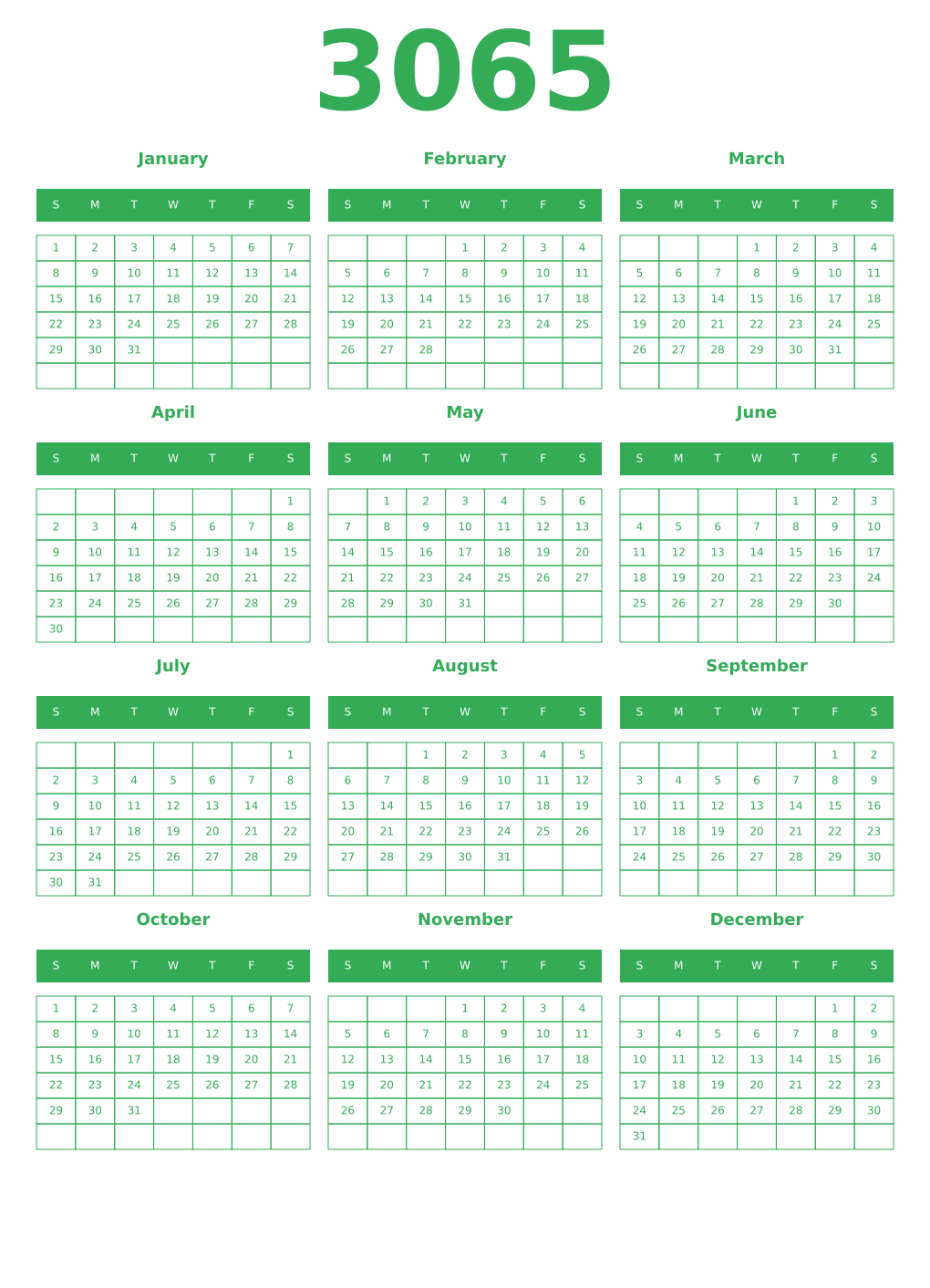 Printable 3065 Year Calendars green