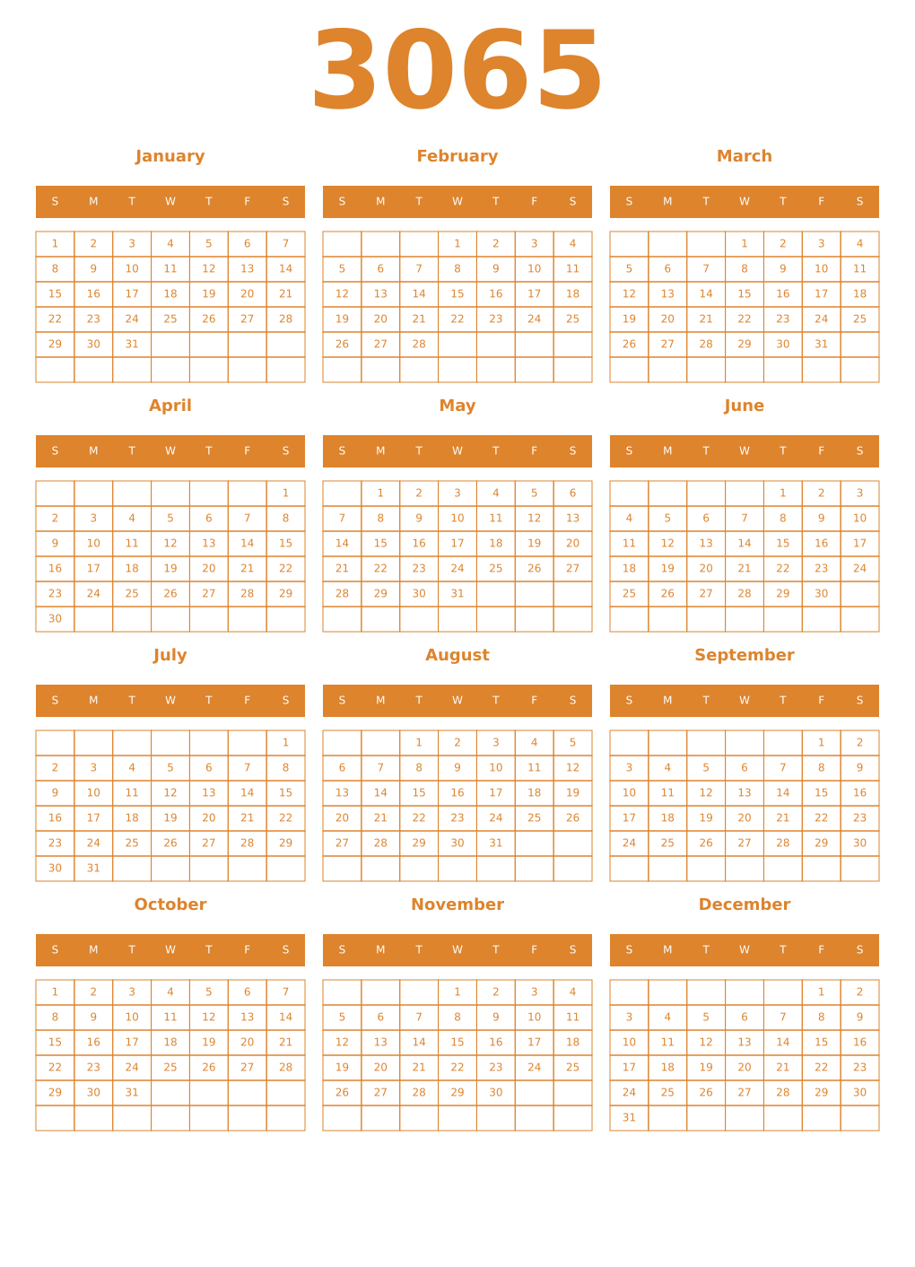 Printable 3065 Year Calendars orange