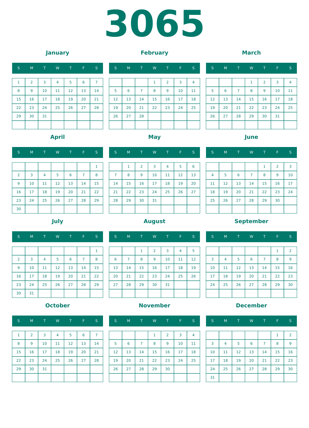 Printable 3065 Year Calendars pastel