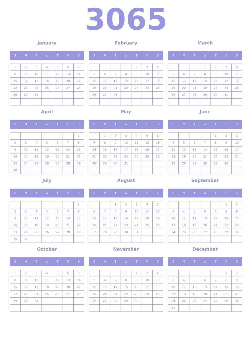 Printable 3065 Year Calendars periwinkle