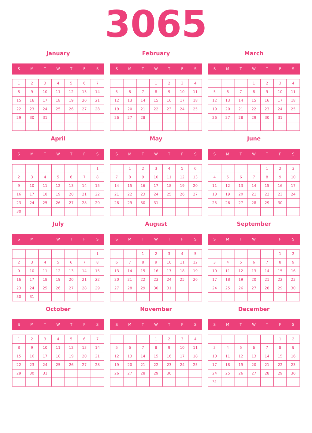 Printable 3065 Year Calendars pink