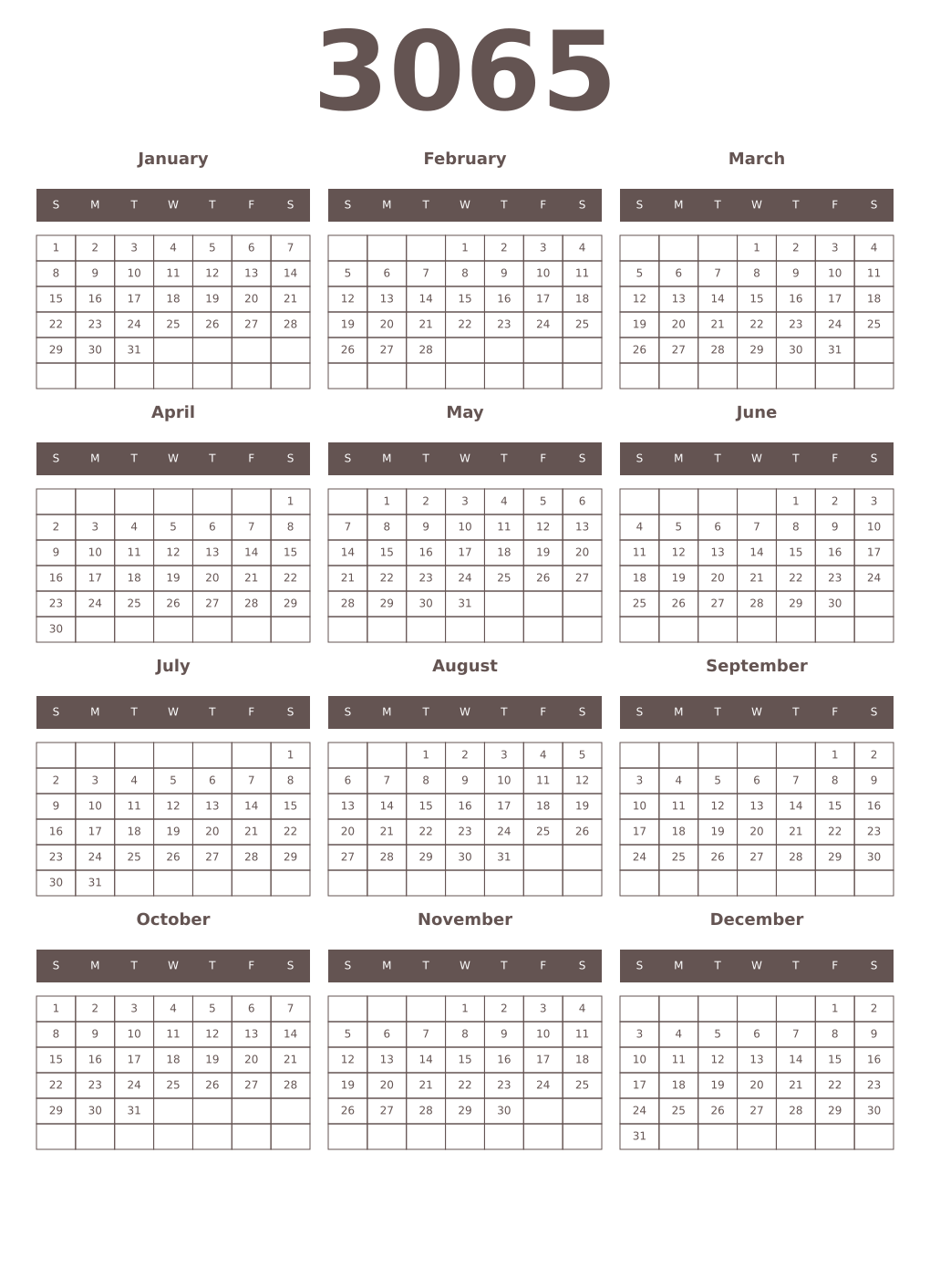 Printable 3065 Year Calendars wenge