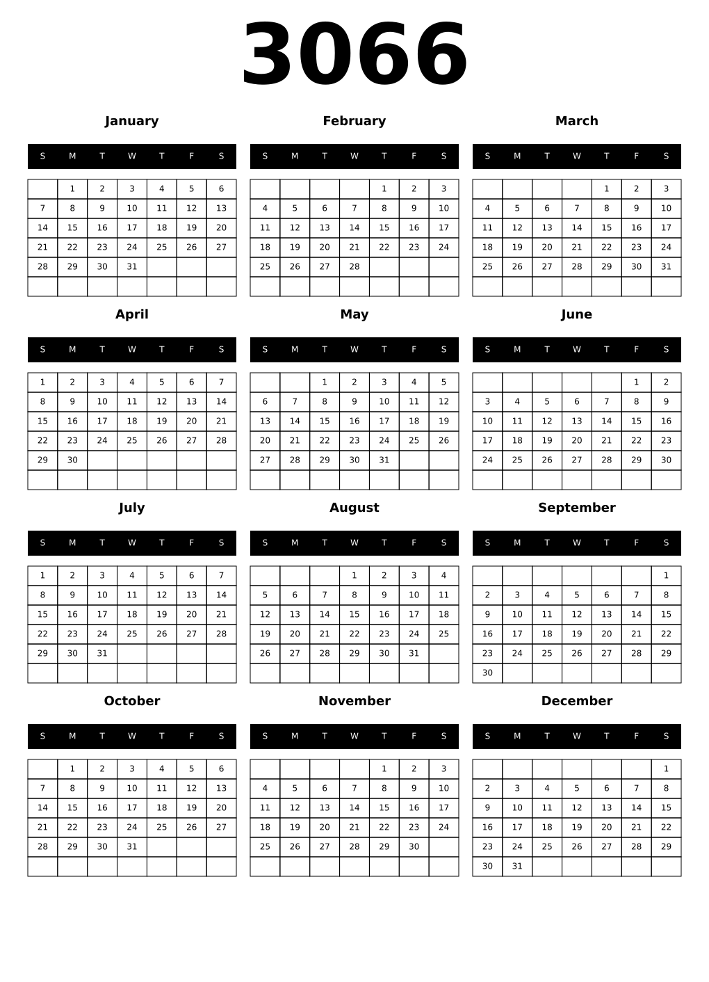 Printable 3066 Year Calendars black