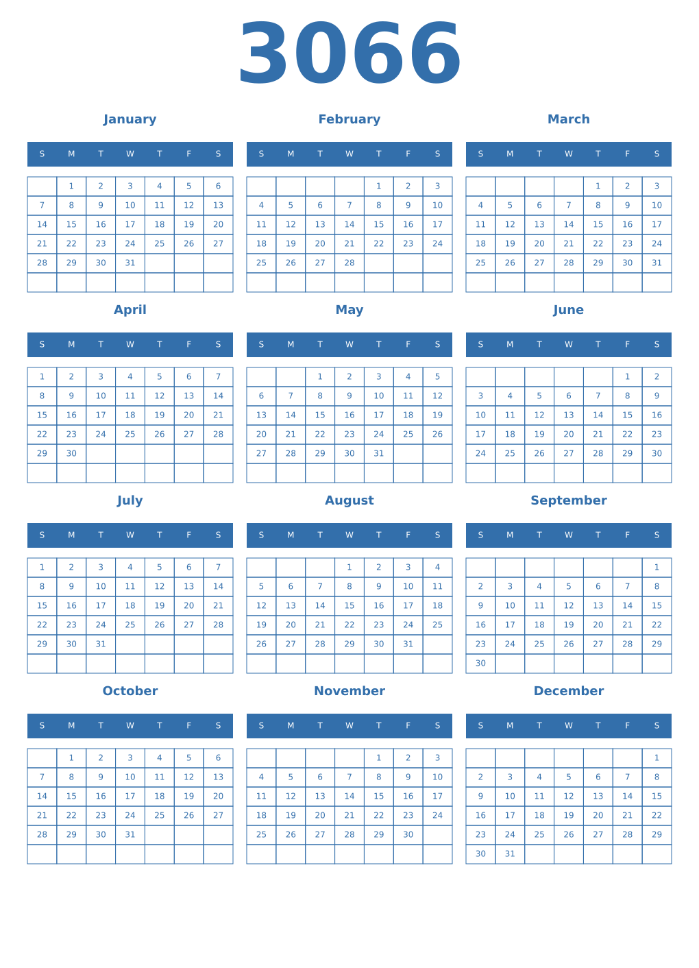 Printable 3066 Year Calendars blue