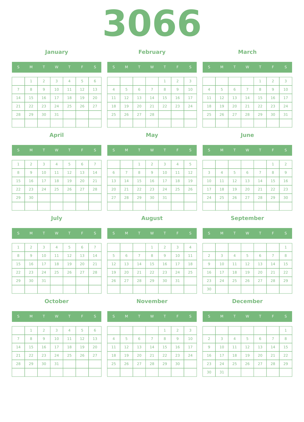 Printable 3066 Year Calendars celadon