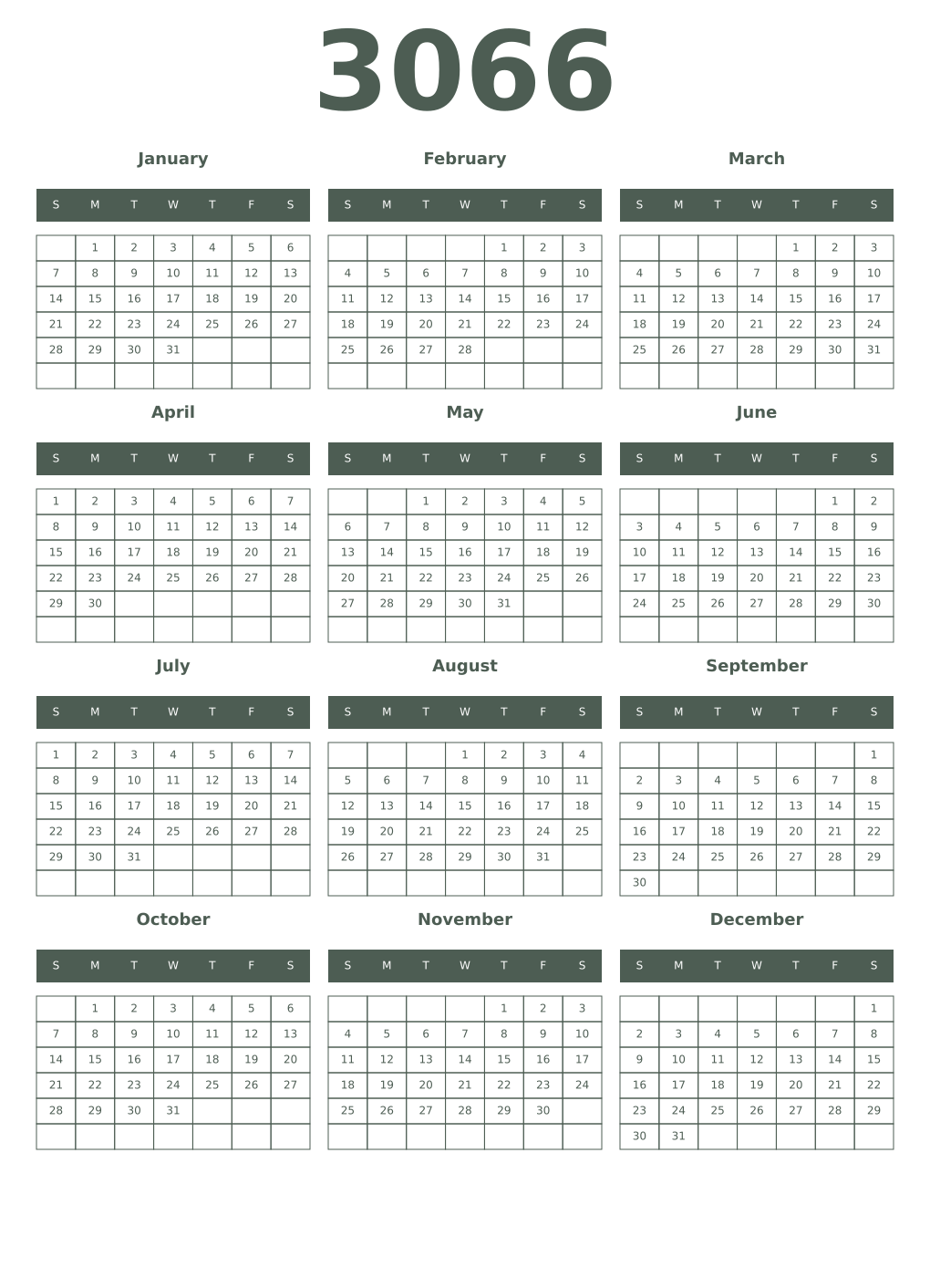 Printable 3066 Year Calendars feldgrau