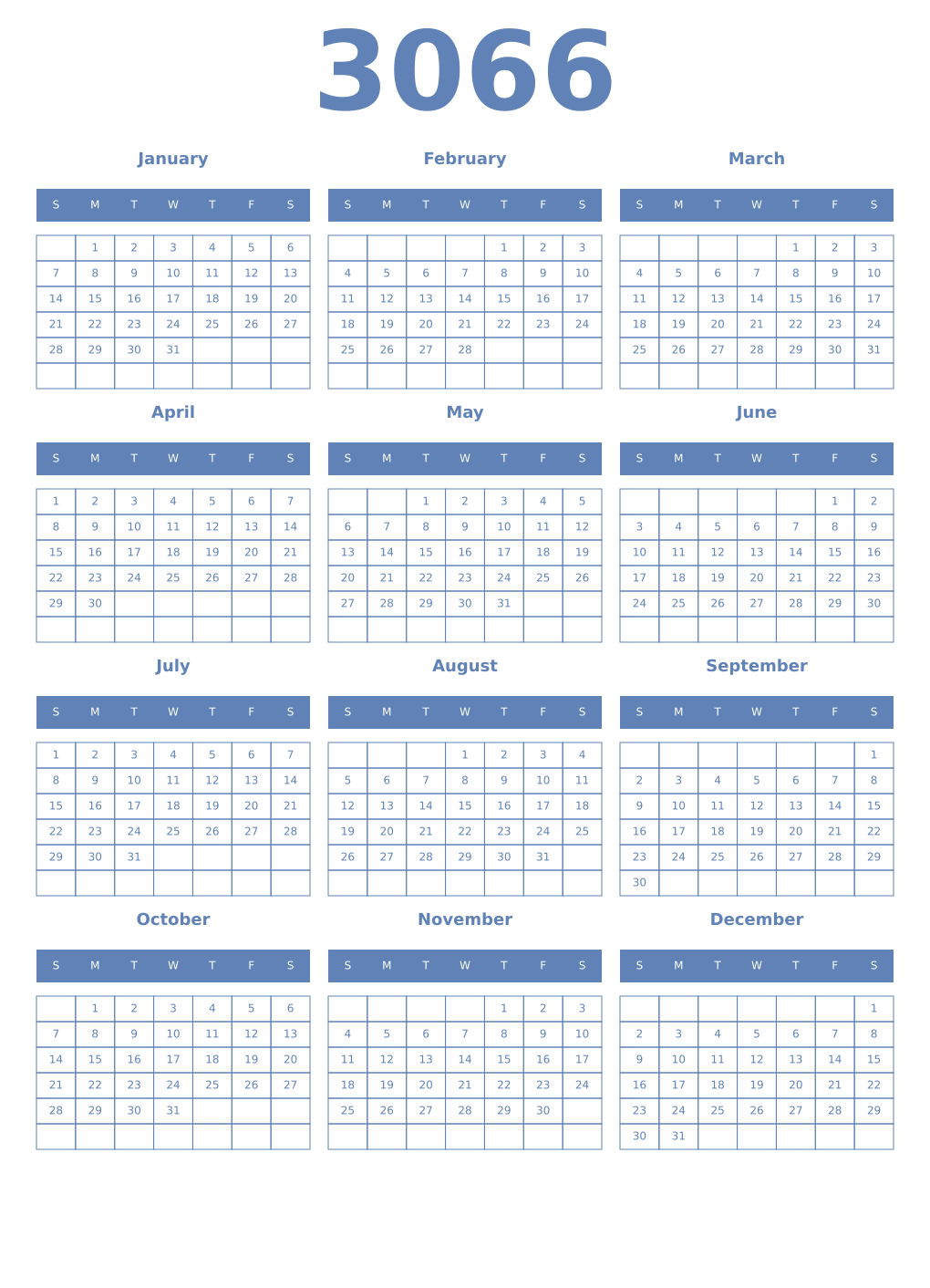Printable 3066 Year Calendars glaucous