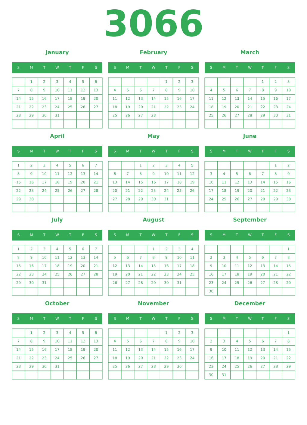 Printable 3066 Year Calendars green