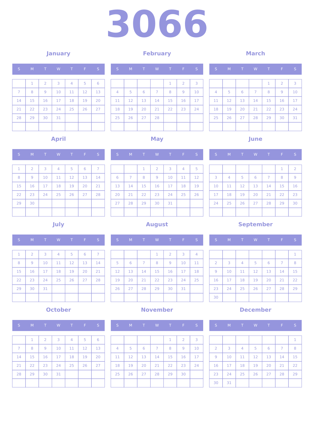 Printable 3066 Year Calendars periwinkle
