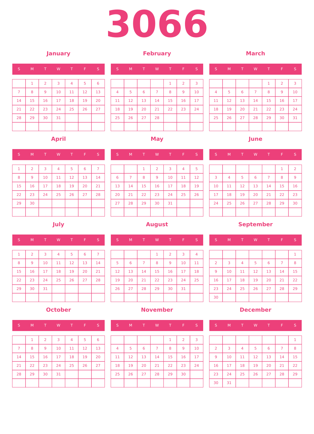 Printable 3066 Year Calendars pink