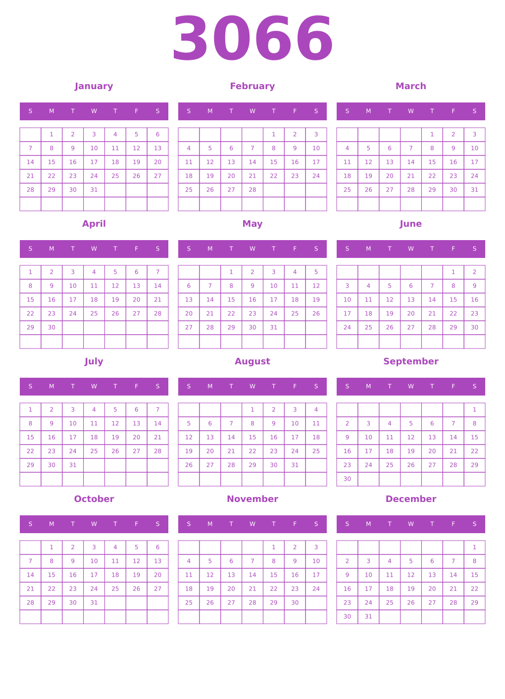 Printable 3066 Year Calendars purple