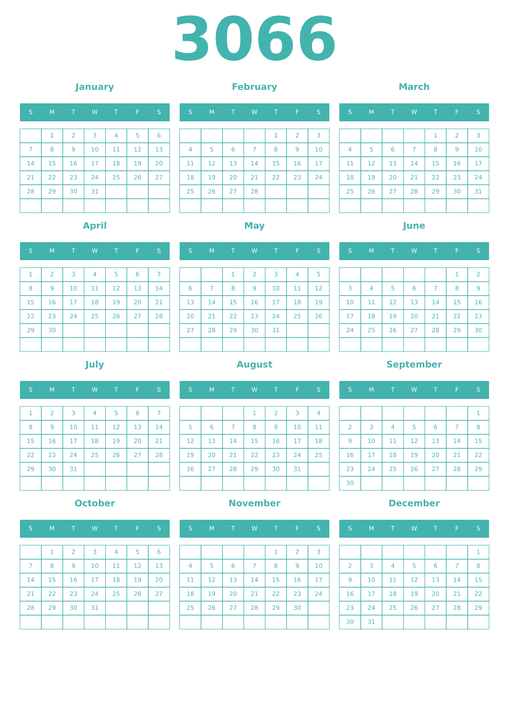 Printable 3066 Year Calendars verdigris