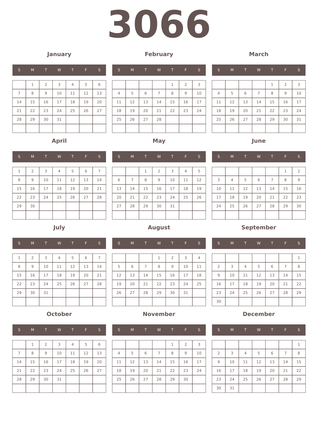 Printable 3066 Year Calendars wenge