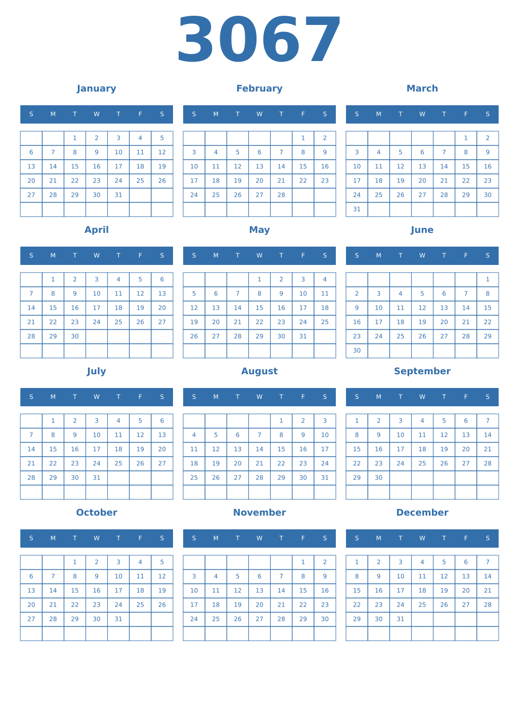 Printable 3067 Year Calendars blue