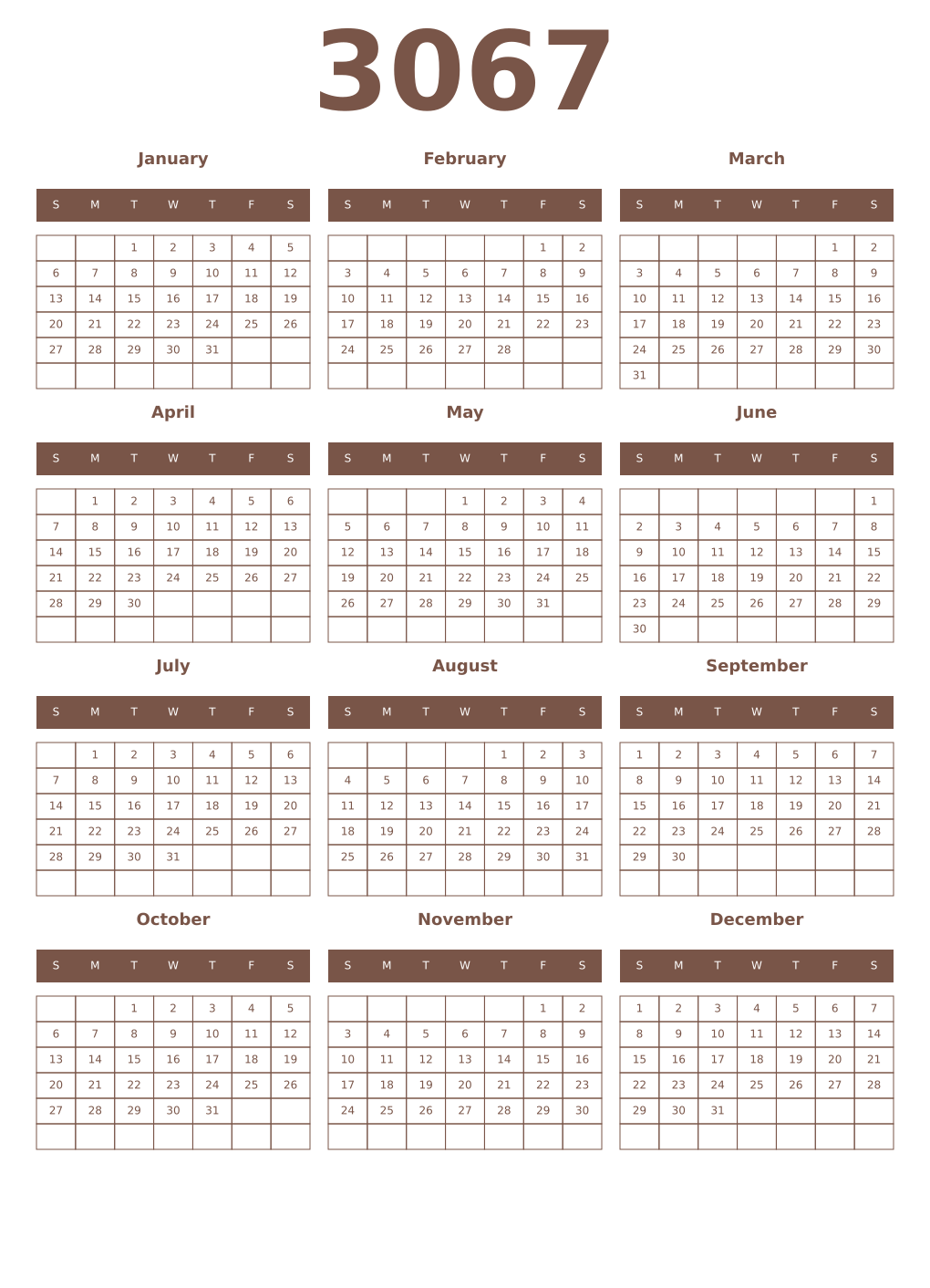 Printable 3067 Year Calendars coffe