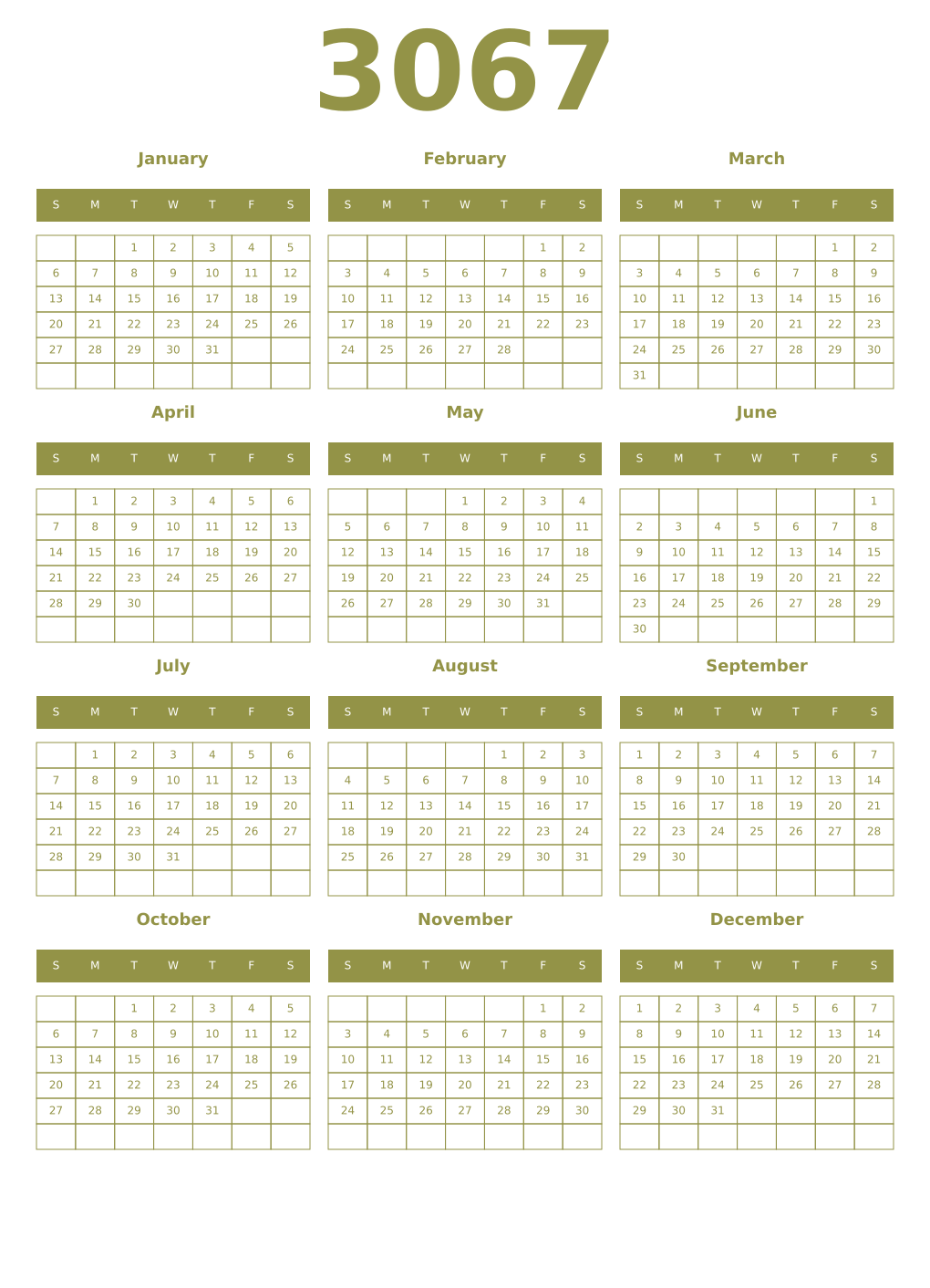 Printable 3067 Year Calendars eburnean