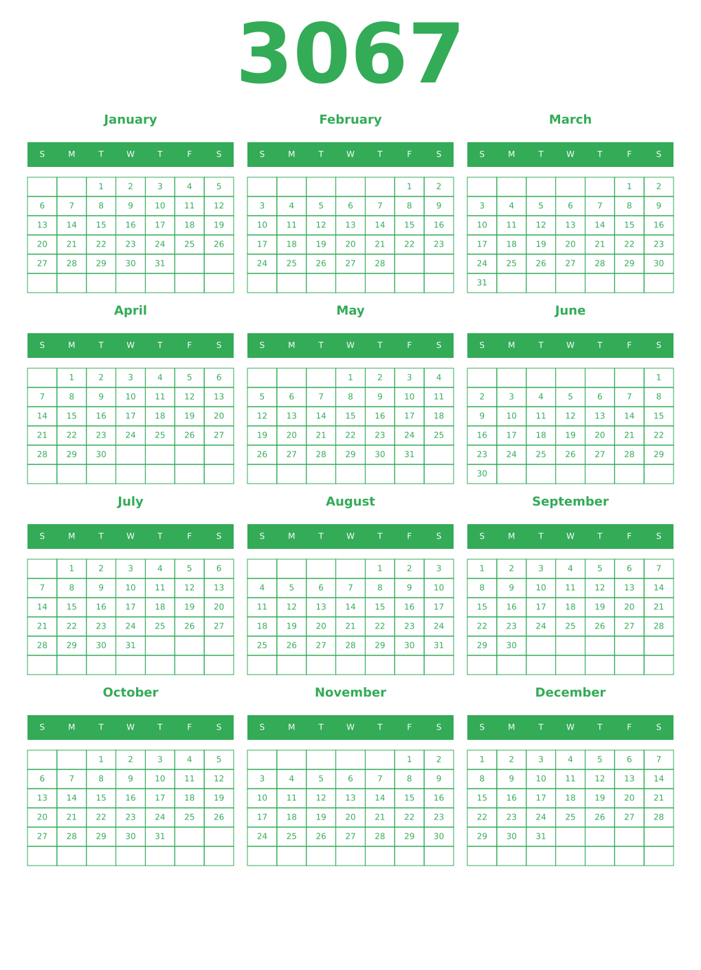 Printable 3067 Year Calendars green