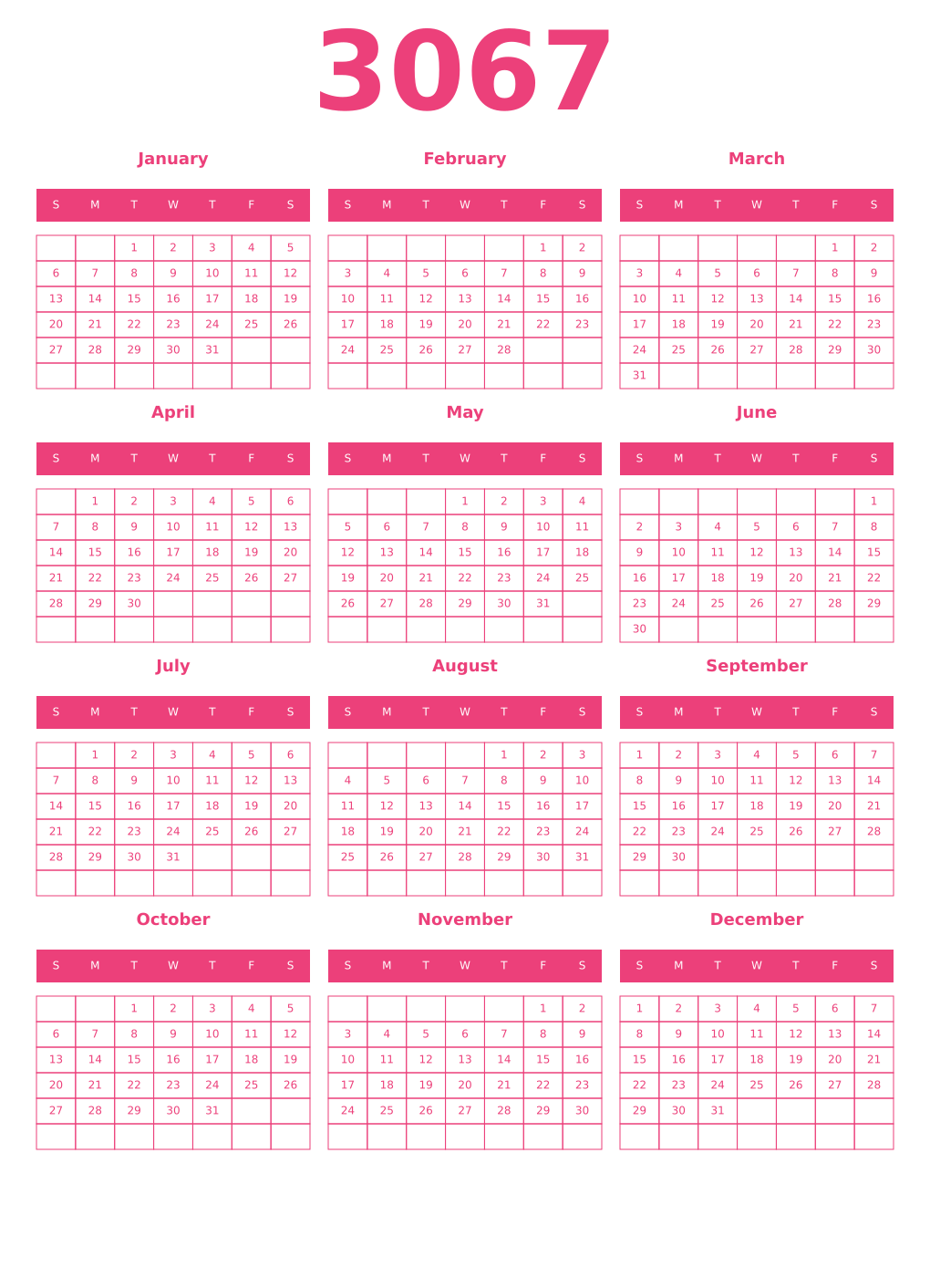 Printable 3067 Year Calendars pink