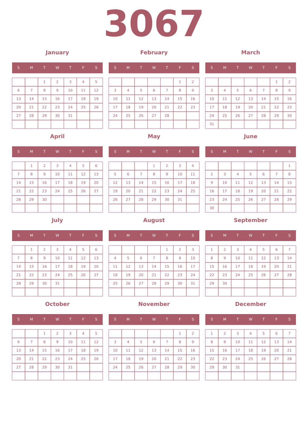 Printable 3067 Year Calendars puce