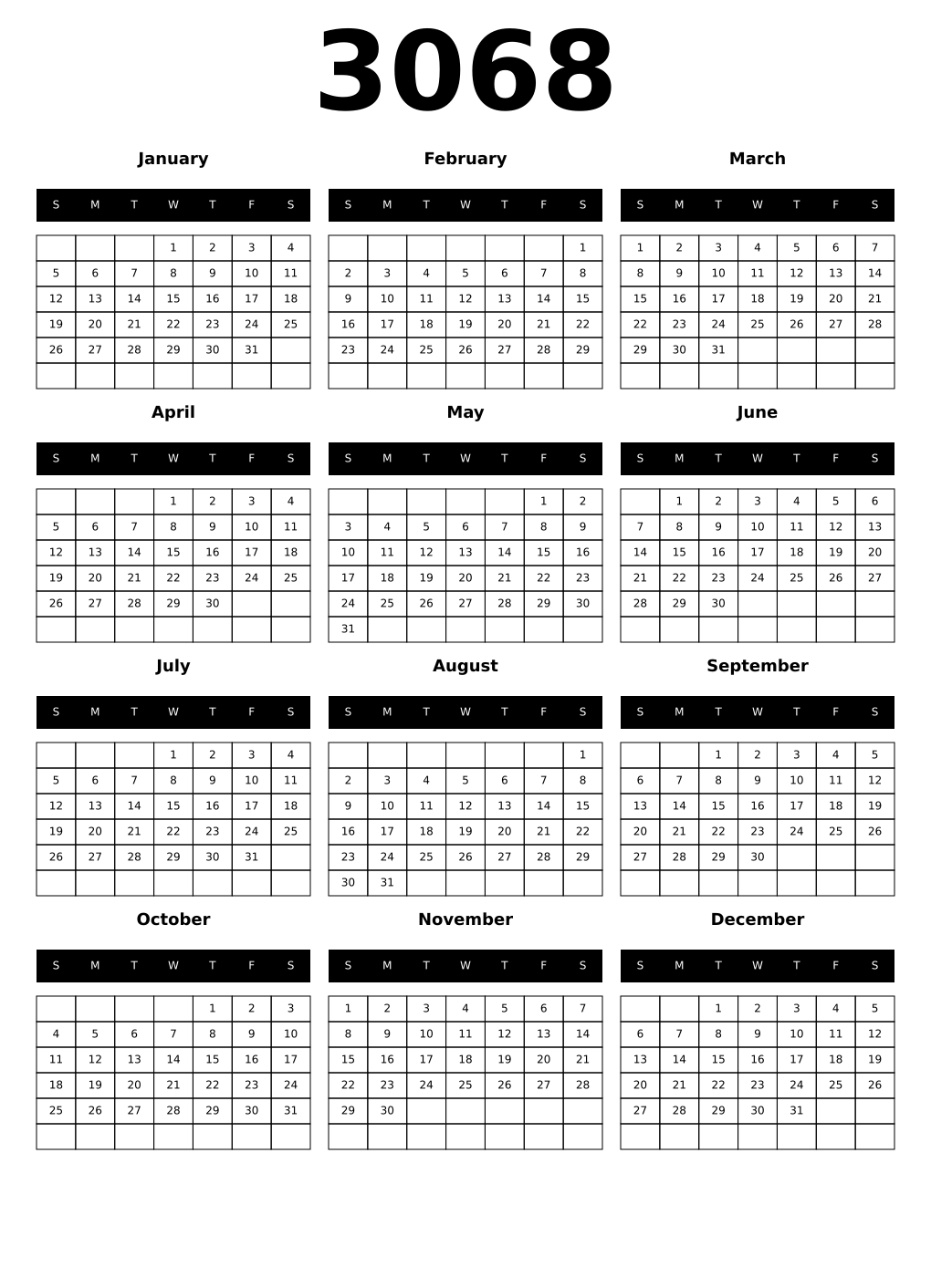 Printable 3068 Year Calendars black