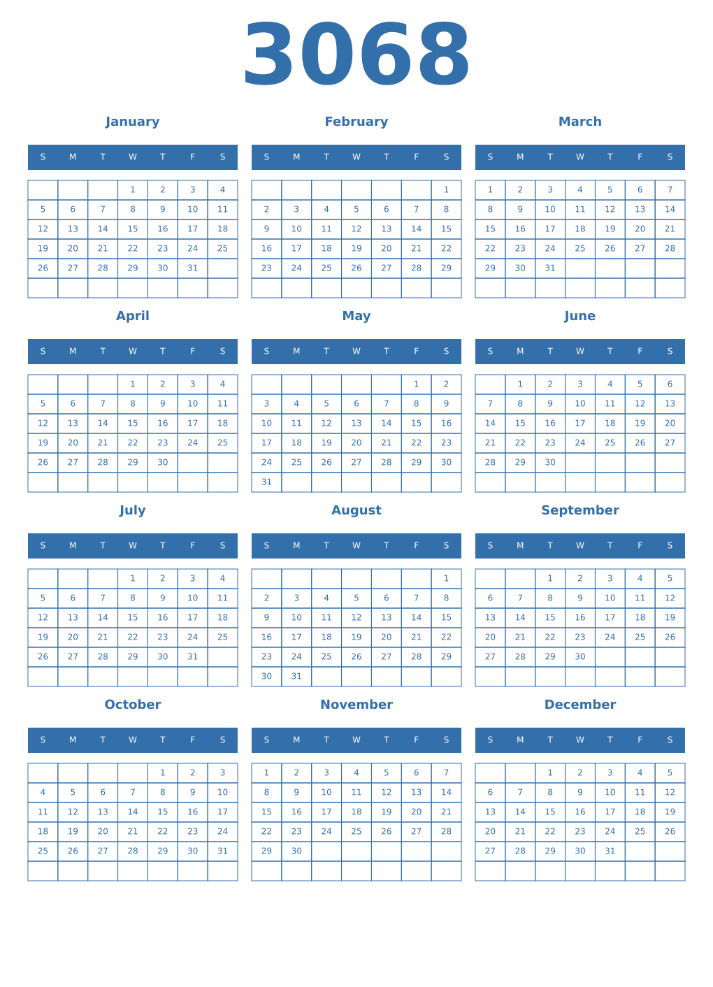 Printable 3068 Year Calendars blue