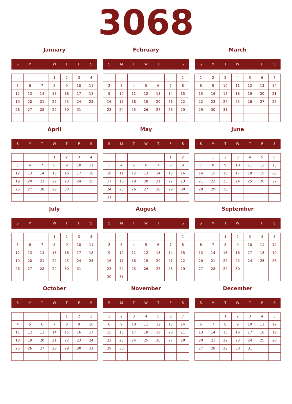 Printable 3068 Year Calendars falu