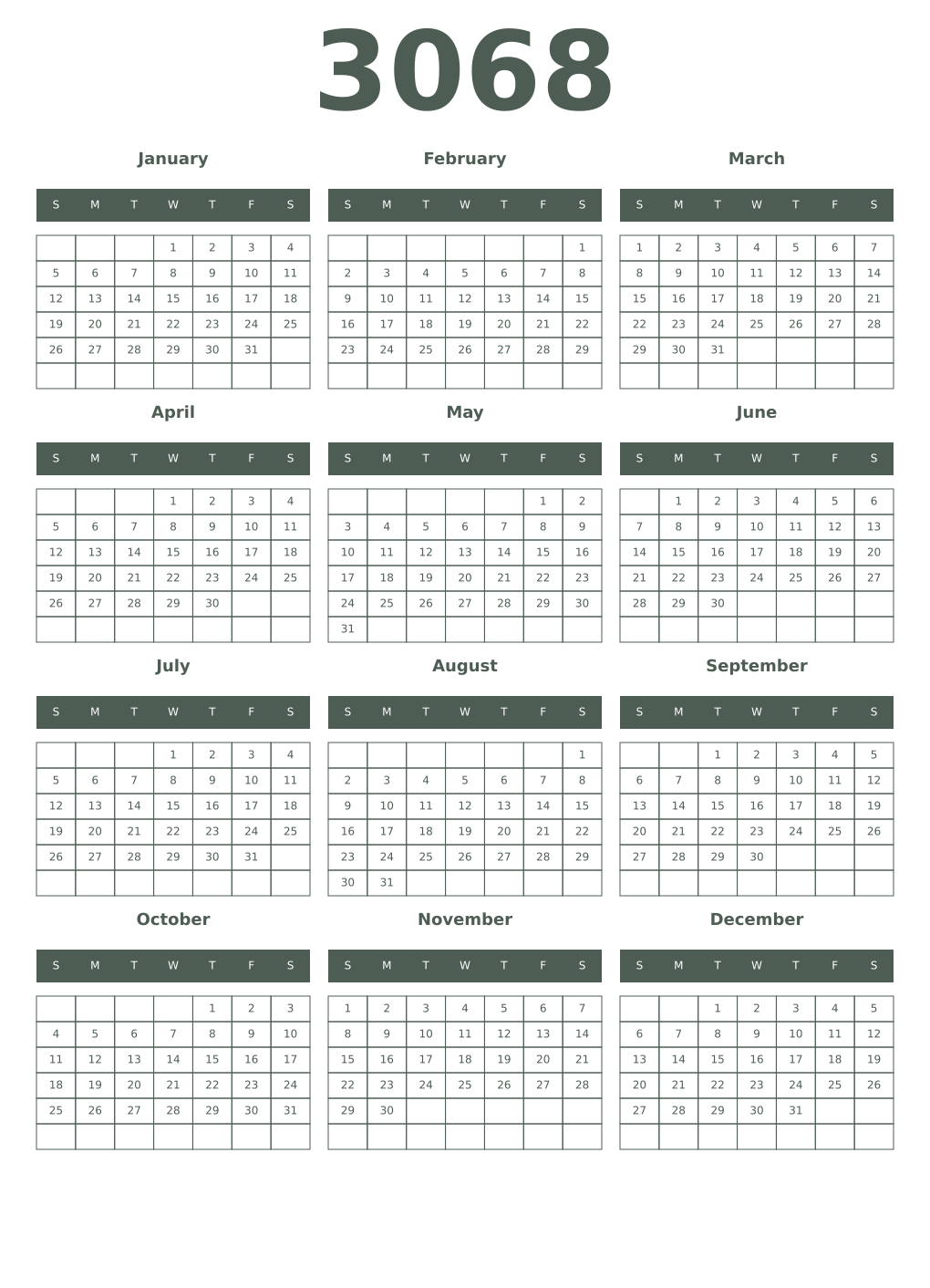 Printable 3068 Year Calendars feldgrau