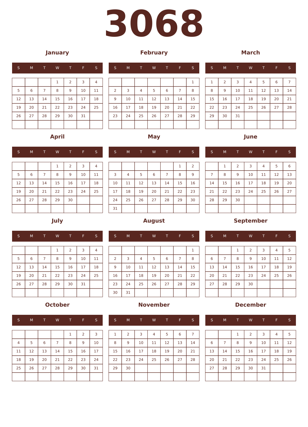 Printable 3068 Year Calendars mortuum