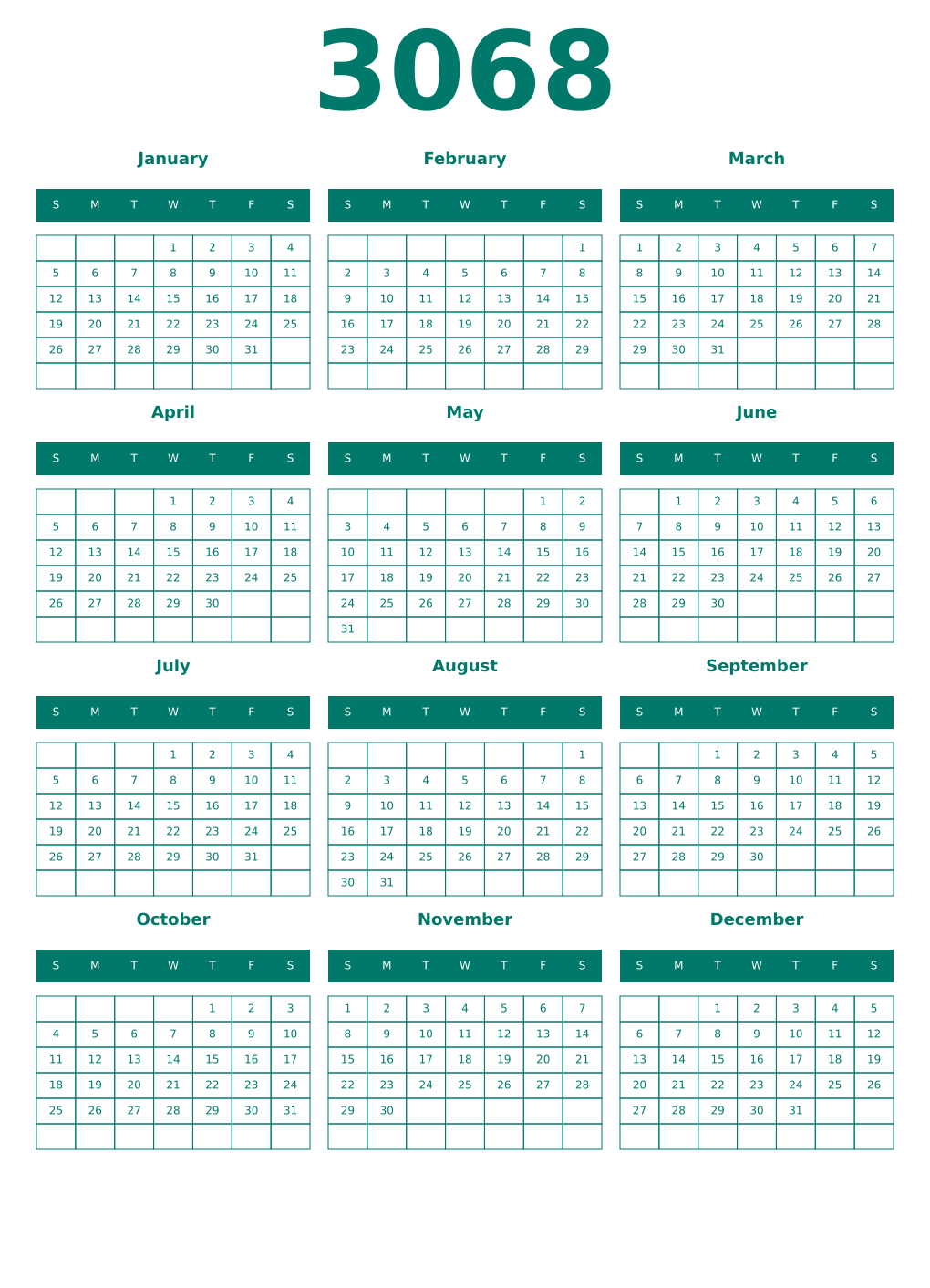 Printable 3068 Year Calendars pastel