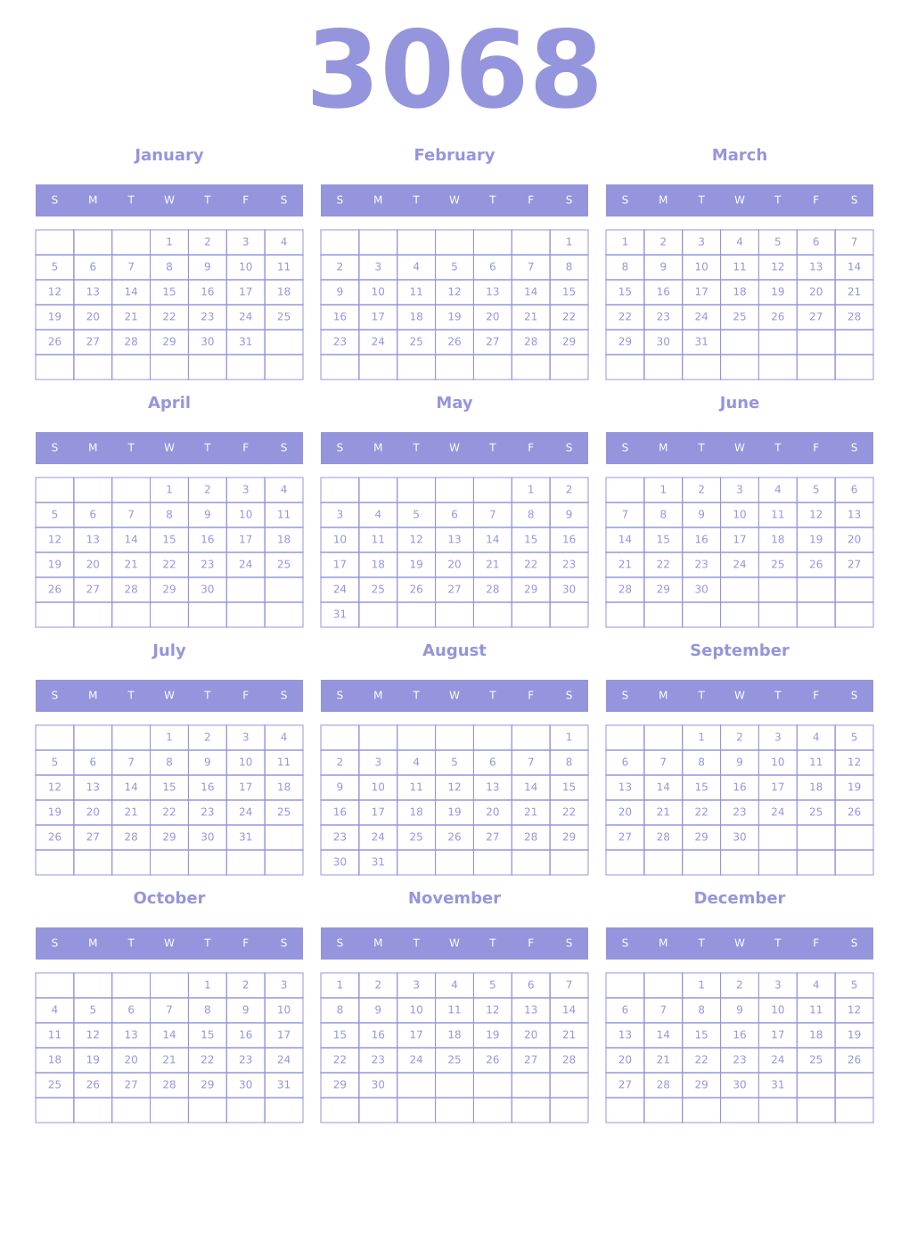 Printable 3068 Year Calendars periwinkle